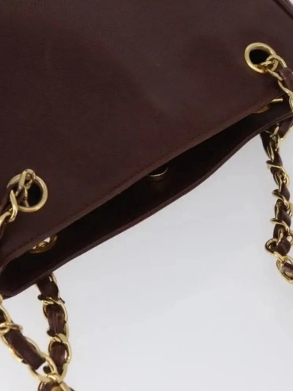 CHANEL Shoulder Bag Grained Calf Skin Brown Gold CC Auth bs33895